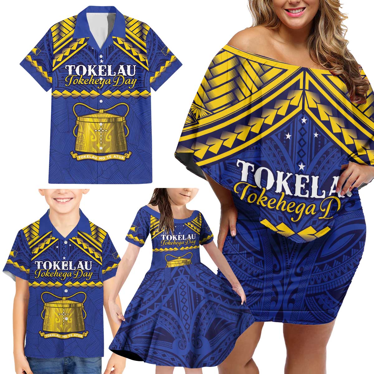 Personalised Tokelau Happy Tokehega Day Family Matching Off Shoulder Short Dress and Hawaiian Shirt Polynesian Tribal Tattoo