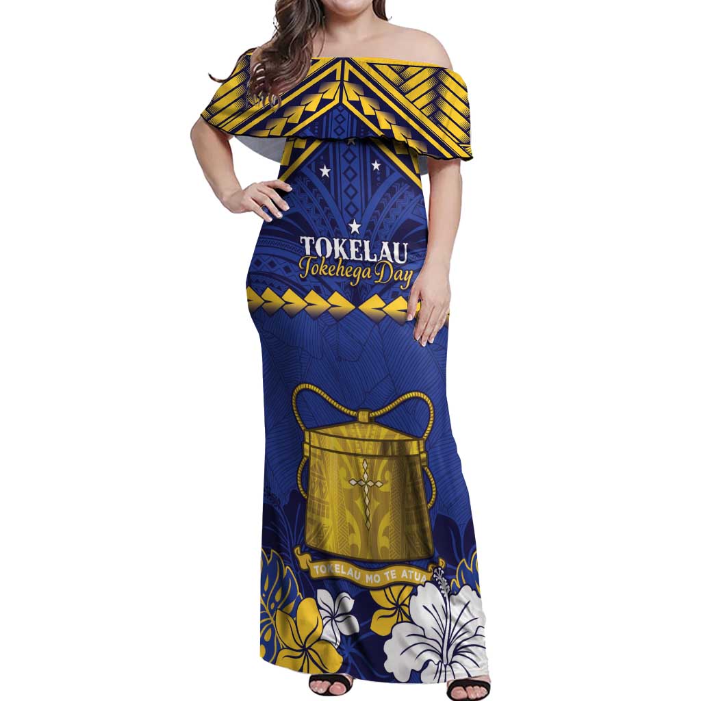 Personalised Tokelau Happy Tokehega Day Off Shoulder Maxi Dress Polynesian Tribal Tattoo