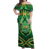 Cook Islands Constitution Day Off Shoulder Maxi Dress 60th Anniversary LT05 Women Green - Polynesian Pride