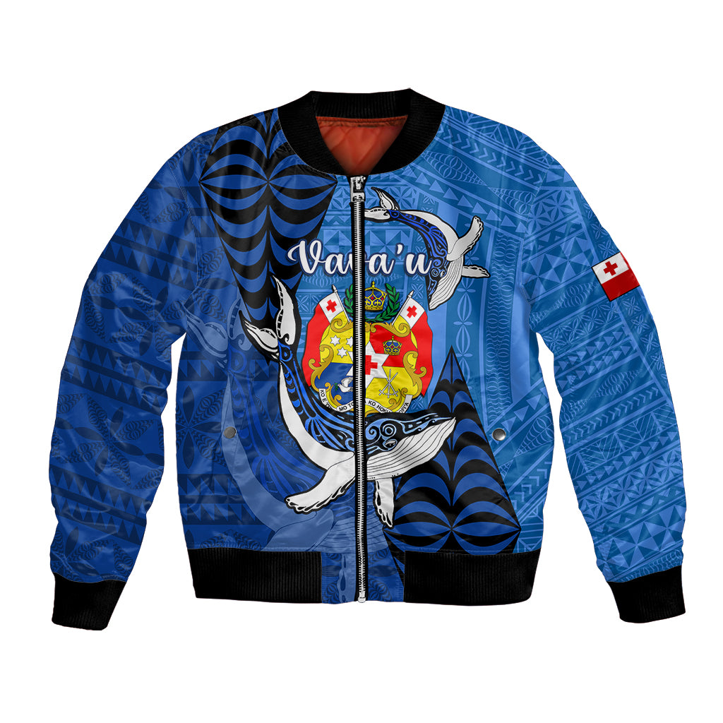 Personalized Tonga Vavau Bomber Jacket Humpback Whale Coat Of Arms With Ngatu Pattern LT05 Unisex Blue - Polynesian Pride