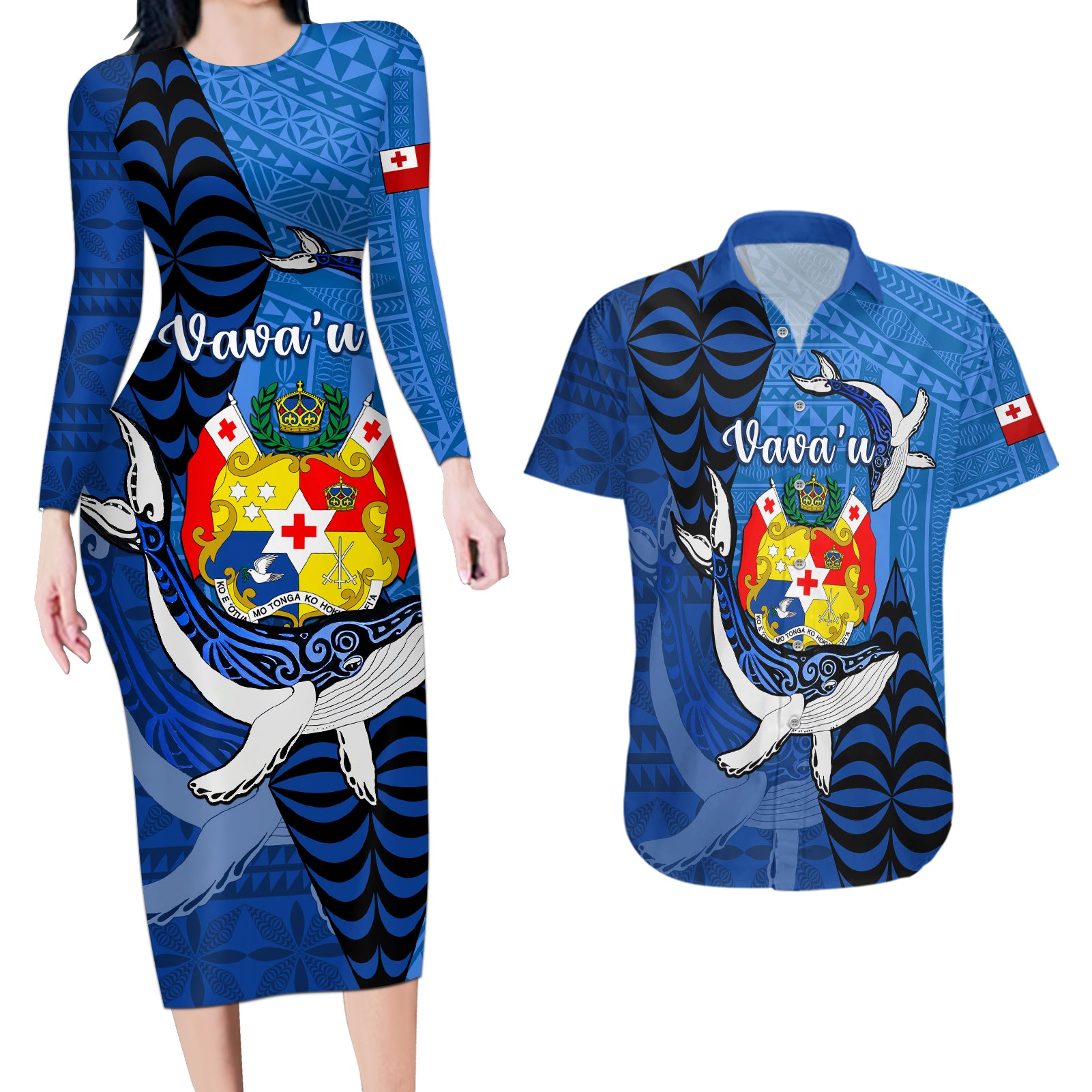 Personalized Tonga Vavau Couples Matching Long Sleeve Bodycon Dress and Hawaiian Shirt Humpback Whale Coat Of Arms With Ngatu Pattern LT05 Blue - Polynesian Pride