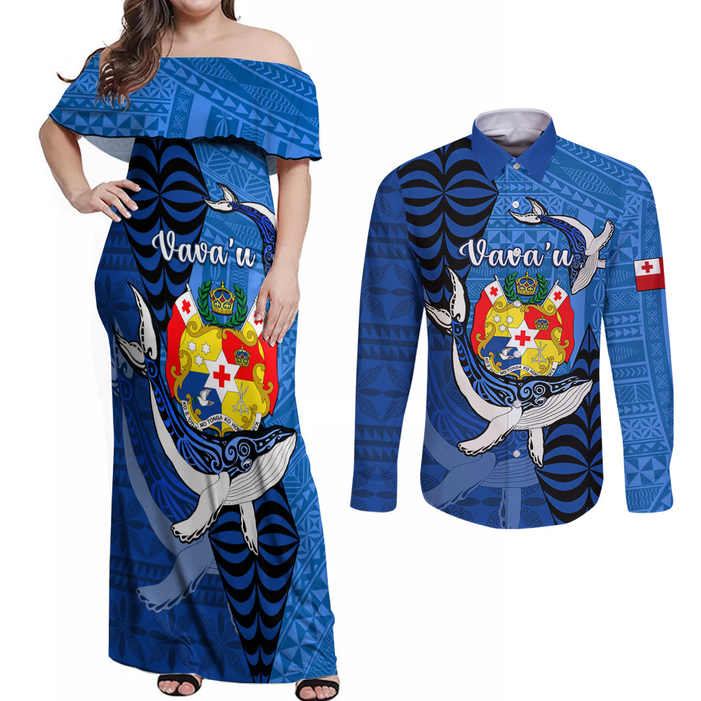 Personalized Tonga Vavau Couples Matching Off Shoulder Maxi Dress and Long Sleeve Button Shirts Humpback Whale Coat Of Arms With Ngatu Pattern LT05 Blue - Polynesian Pride