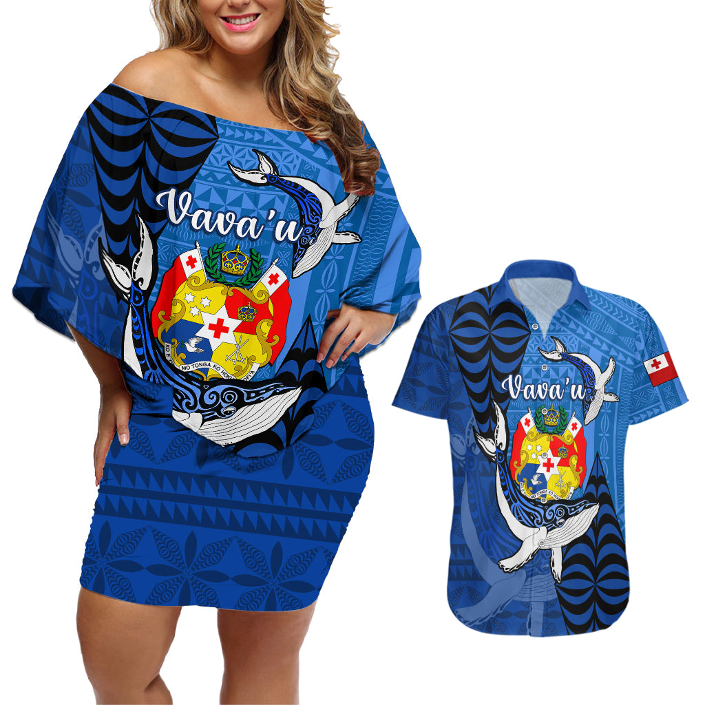 Personalized Tonga Vavau Couples Matching Off Shoulder Short Dress and Hawaiian Shirt Humpback Whale Coat Of Arms With Ngatu Pattern LT05 Blue - Polynesian Pride