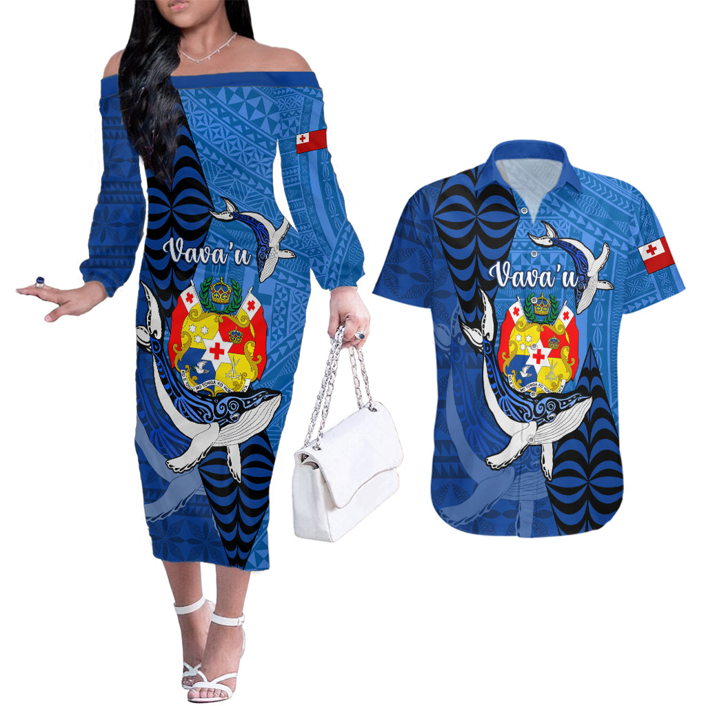 Personalized Tonga Vavau Couples Matching Off The Shoulder Long Sleeve Dress and Hawaiian Shirt Humpback Whale Coat Of Arms With Ngatu Pattern LT05 Blue - Polynesian Pride