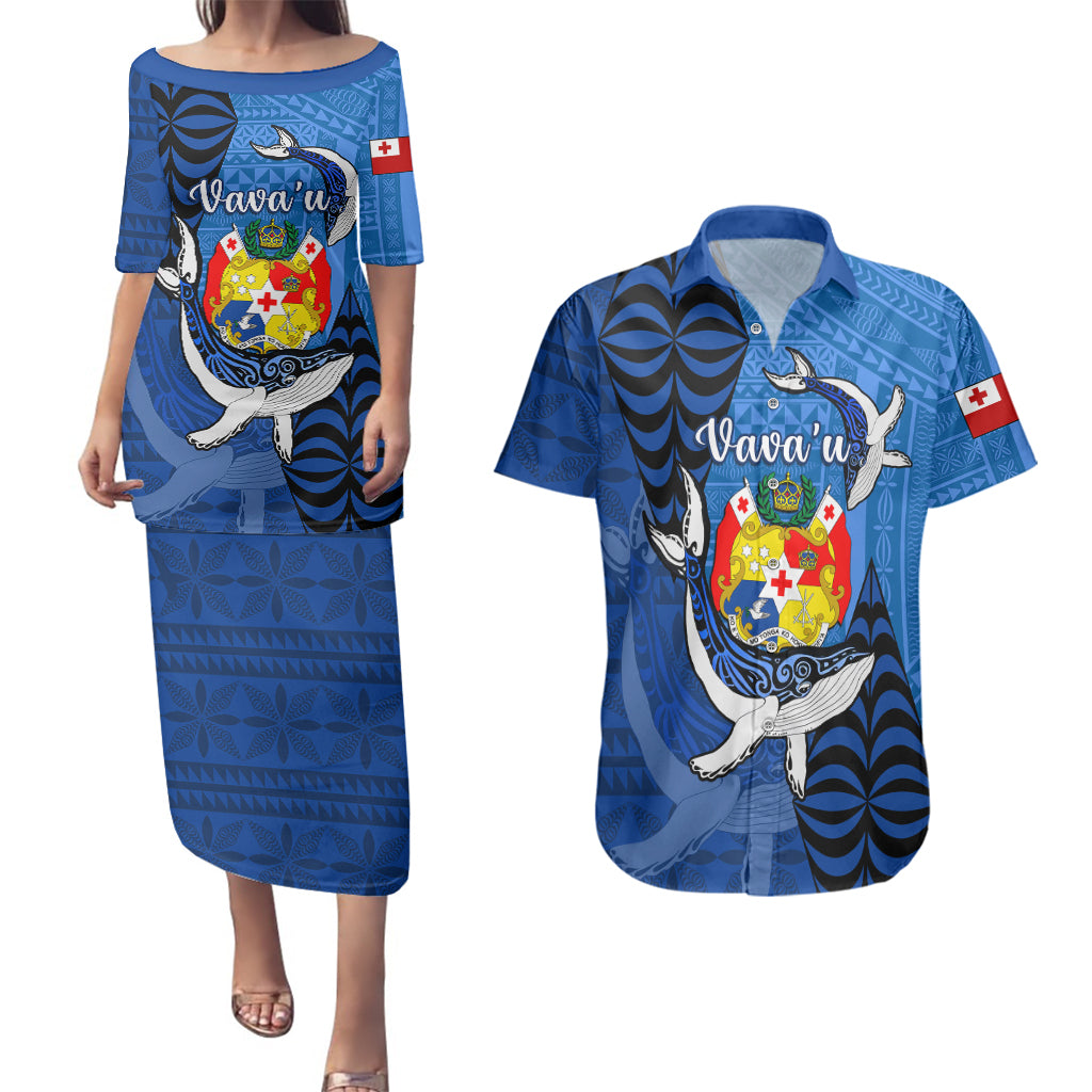 Personalized Tonga Vavau Couples Matching Puletasi Dress and Hawaiian Shirt Humpback Whale Coat Of Arms With Ngatu Pattern LT05 Blue - Polynesian Pride