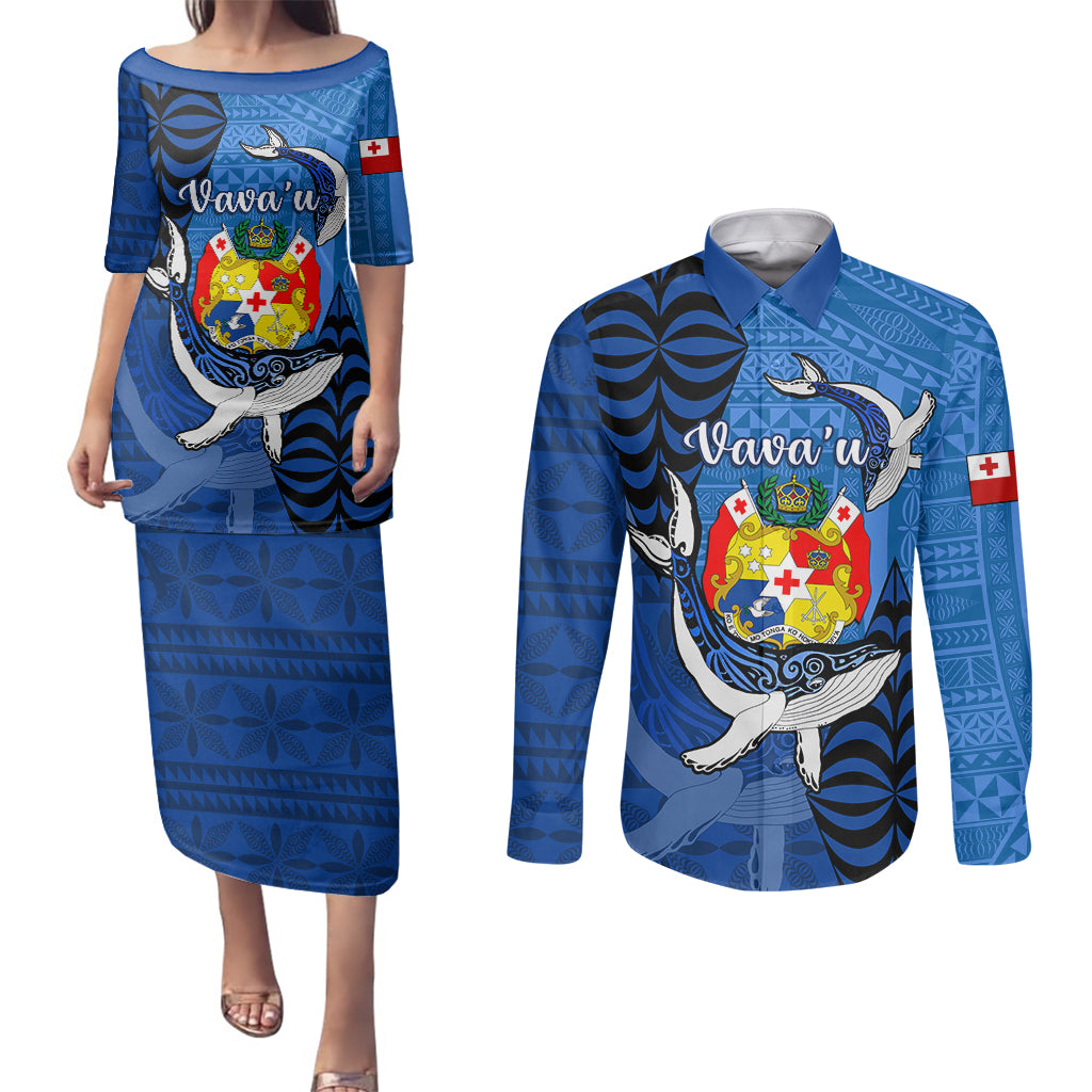 Personalized Tonga Vavau Couples Matching Puletasi Dress and Long Sleeve Button Shirts Humpback Whale Coat Of Arms With Ngatu Pattern LT05 Blue - Polynesian Pride