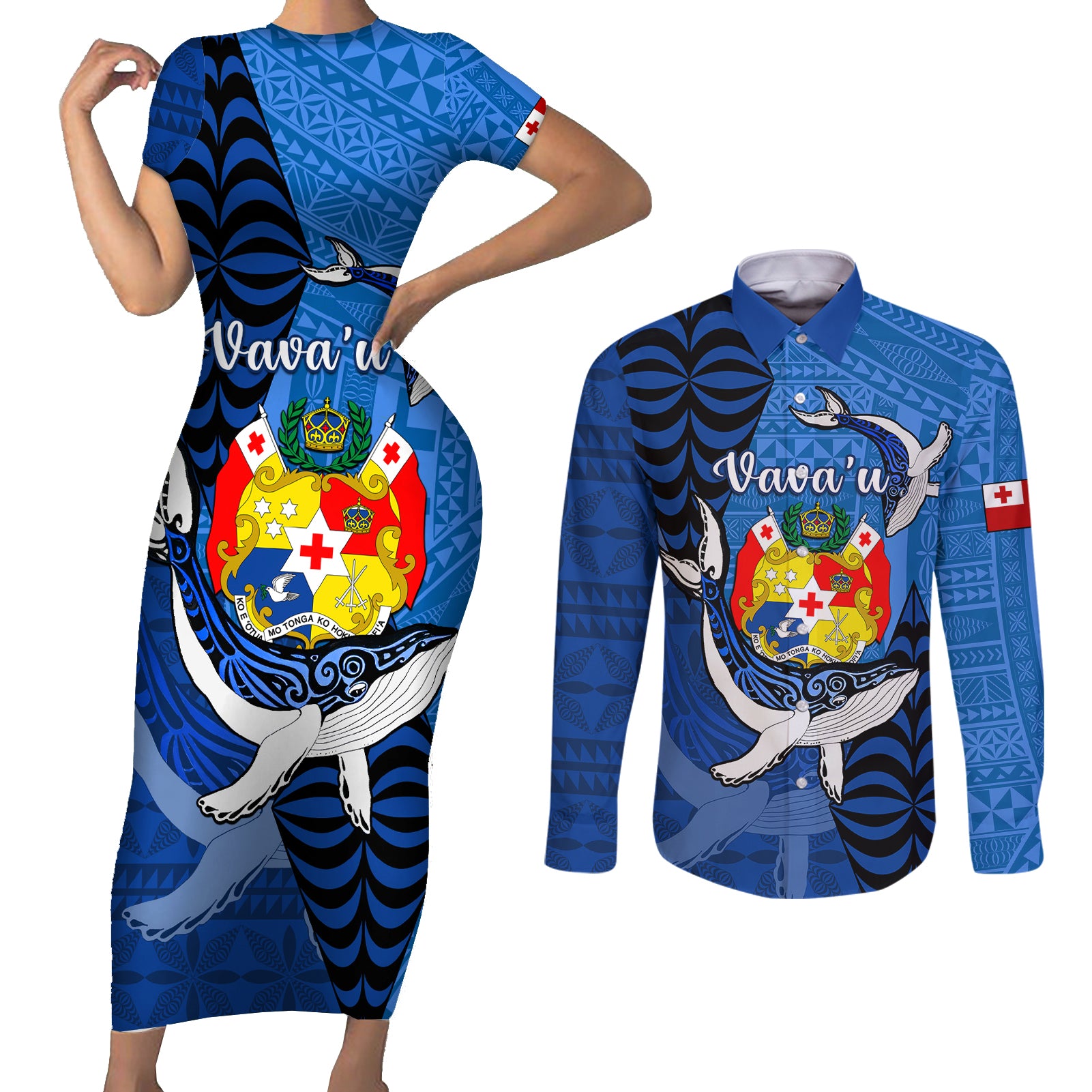 Personalized Tonga Vavau Couples Matching Short Sleeve Bodycon Dress and Long Sleeve Button Shirts Humpback Whale Coat Of Arms With Ngatu Pattern LT05 Blue - Polynesian Pride