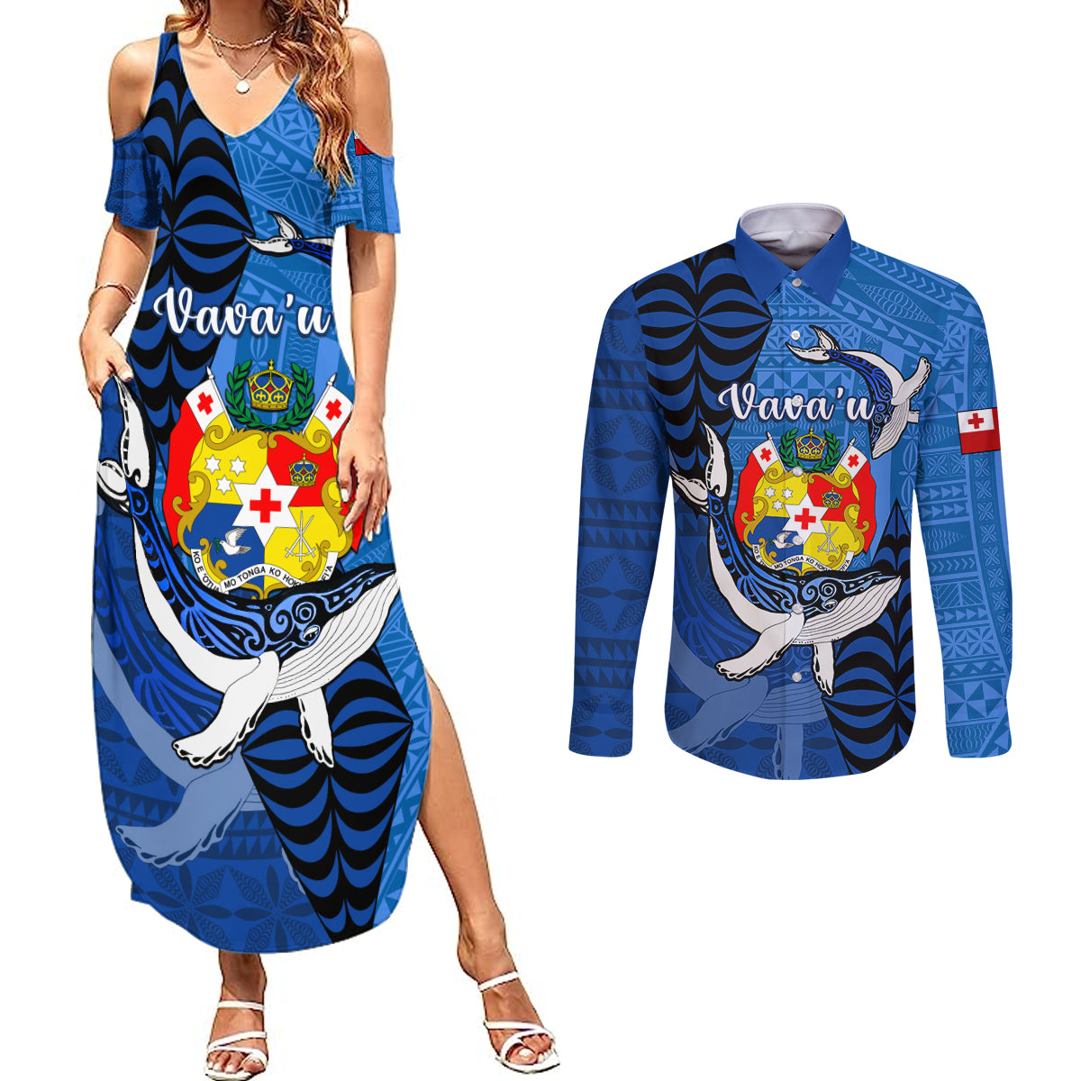 Personalized Tonga Vavau Couples Matching Summer Maxi Dress and Long Sleeve Button Shirts Humpback Whale Coat Of Arms With Ngatu Pattern LT05 Blue - Polynesian Pride