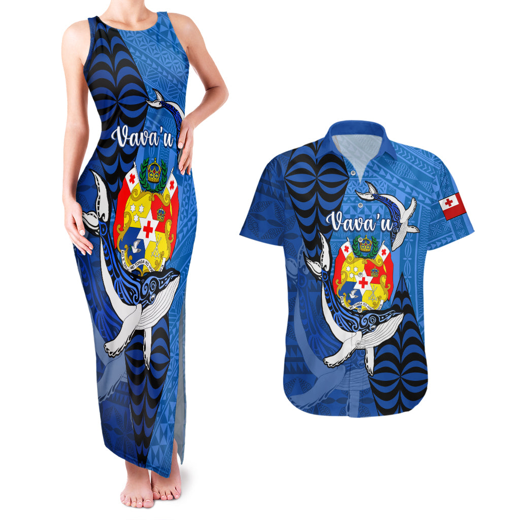 Personalized Tonga Vavau Couples Matching Tank Maxi Dress and Hawaiian Shirt Humpback Whale Coat Of Arms With Ngatu Pattern LT05 Blue - Polynesian Pride