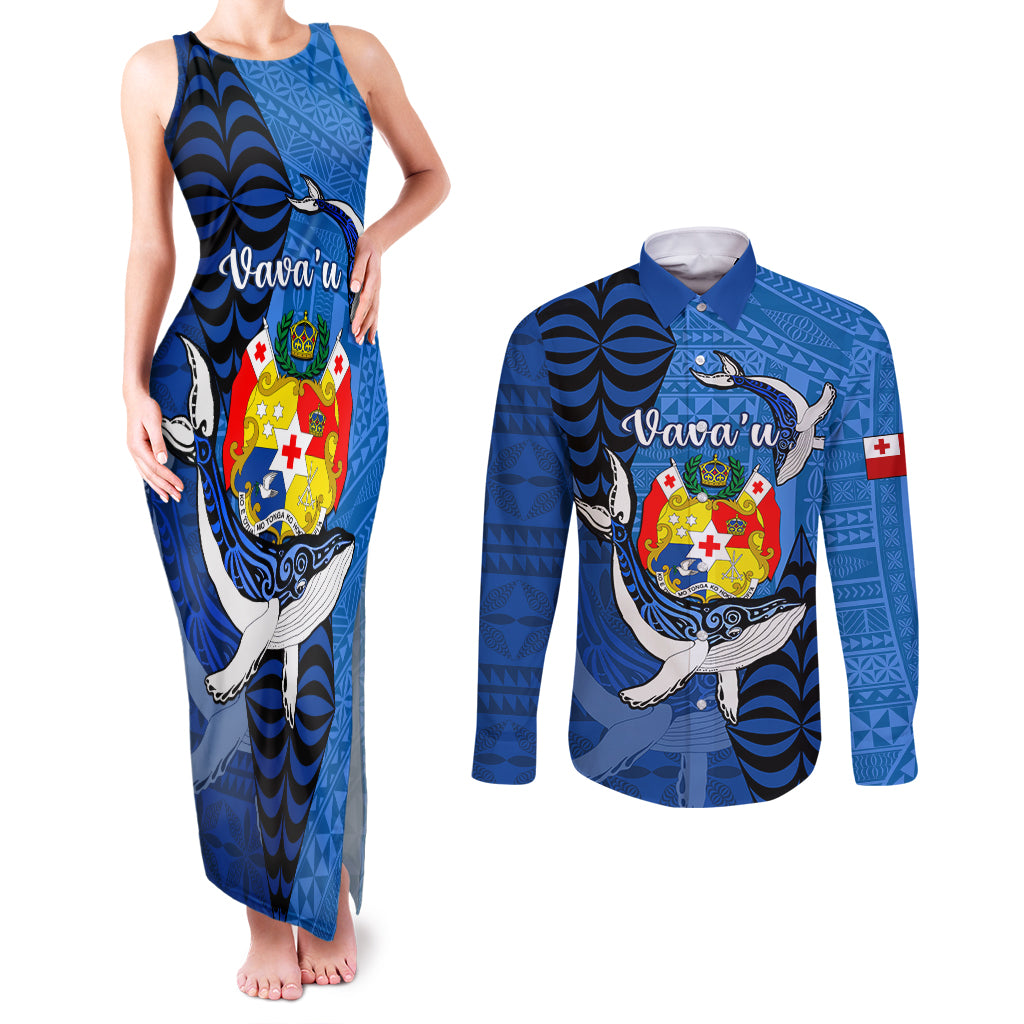 Personalized Tonga Vavau Couples Matching Tank Maxi Dress and Long Sleeve Button Shirts Humpback Whale Coat Of Arms With Ngatu Pattern LT05 Blue - Polynesian Pride