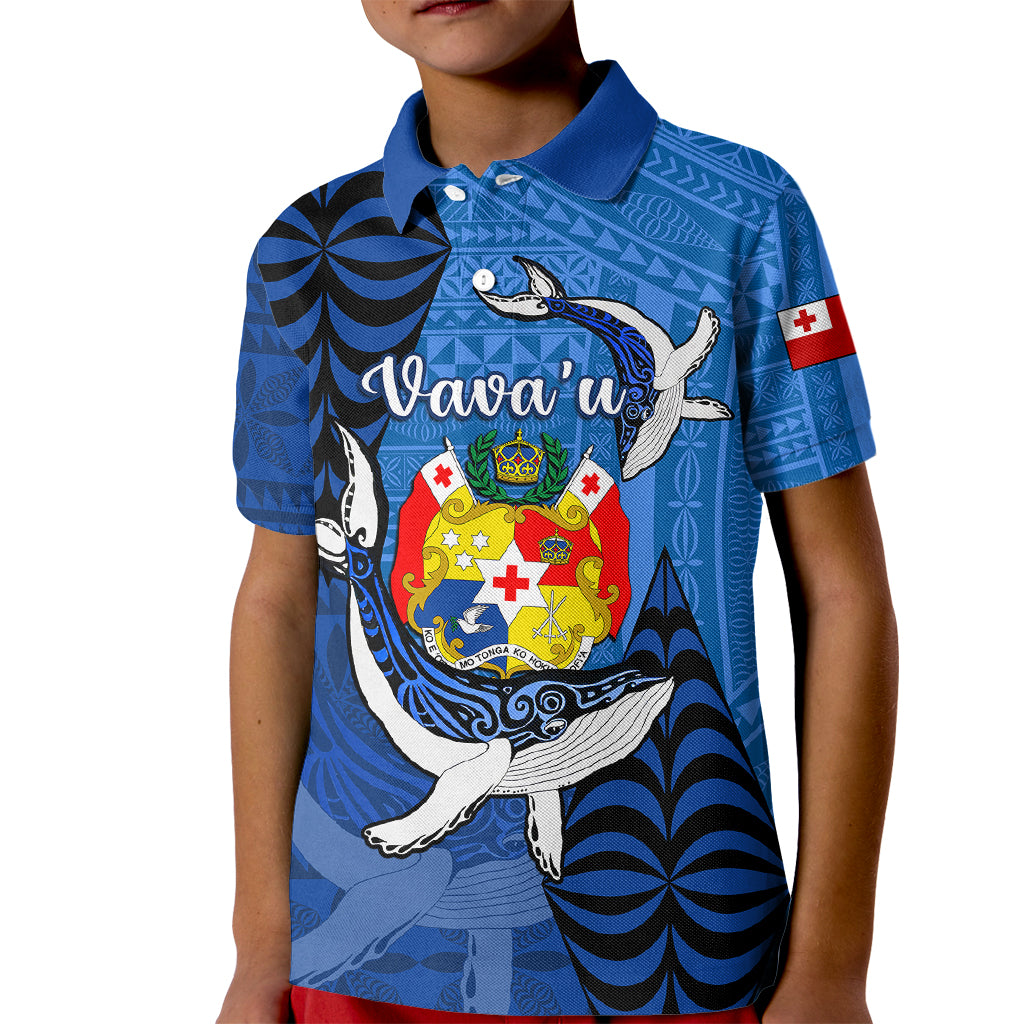 Personalized Tonga Vavau Kid Polo Shirt Humpback Whale Coat Of Arms With Ngatu Pattern LT05 Kid Blue - Polynesian Pride