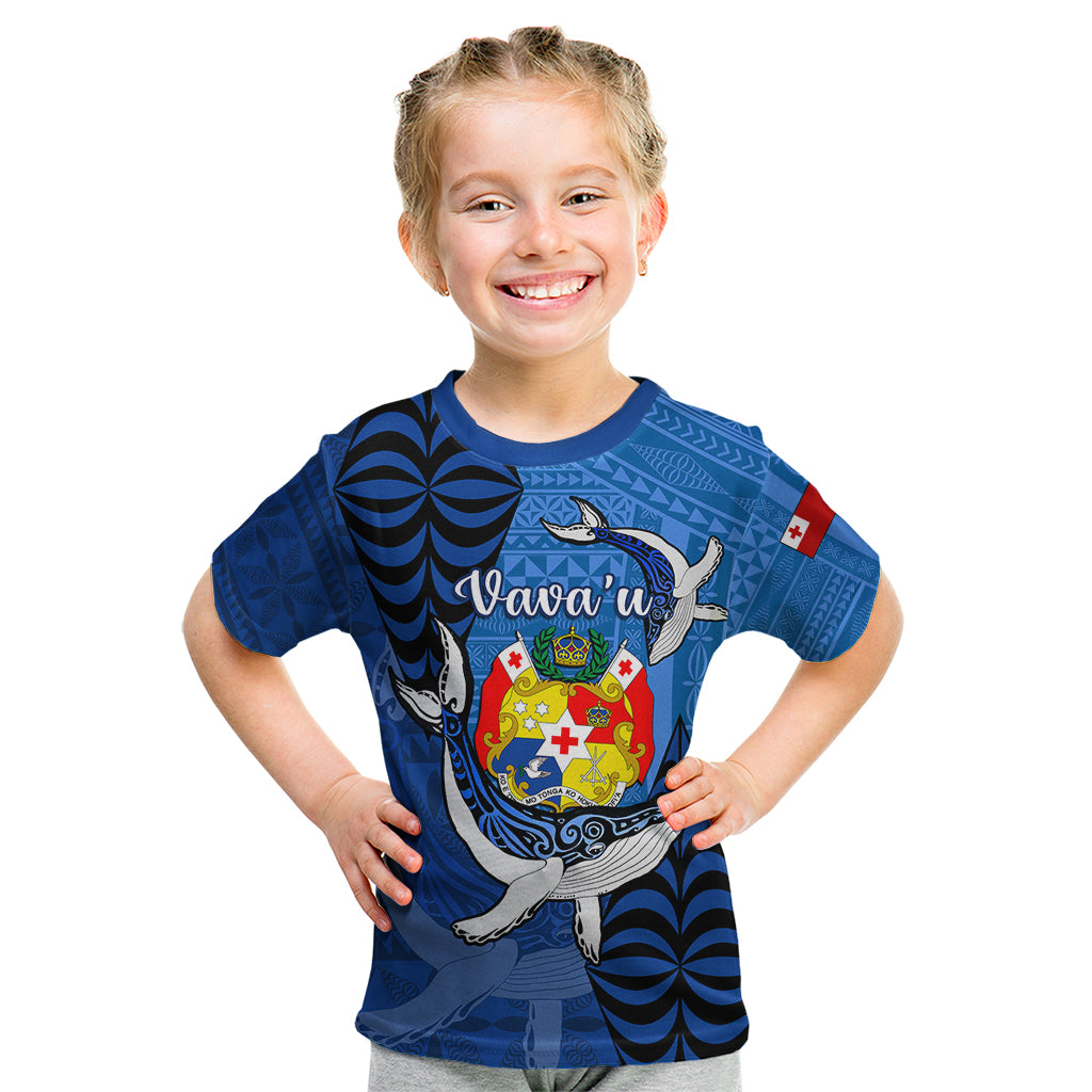 Personalized Tonga Vavau Kid T Shirt Humpback Whale Coat Of Arms With Ngatu Pattern LT05 Blue - Polynesian Pride