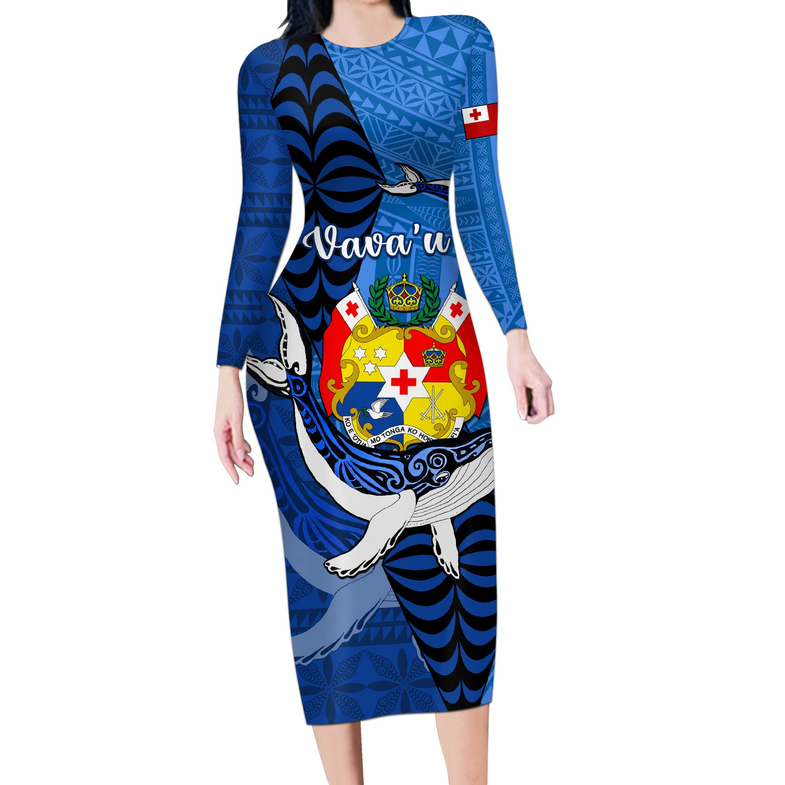 Personalized Tonga Vavau Long Sleeve Bodycon Dress Humpback Whale Coat Of Arms With Ngatu Pattern LT05 Long Dress Blue - Polynesian Pride