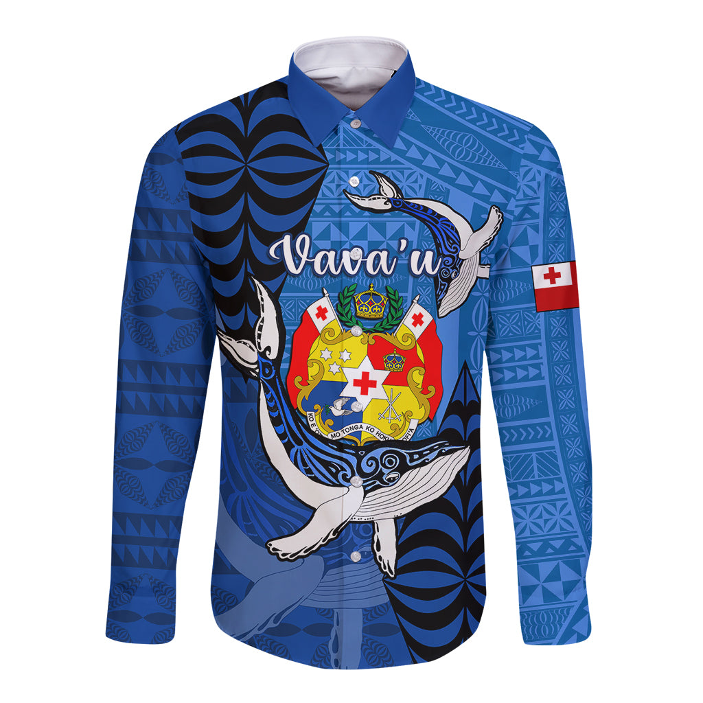 Personalized Tonga Vavau Long Sleeve Button Shirt Humpback Whale Coat Of Arms With Ngatu Pattern LT05 Unisex Blue - Polynesian Pride