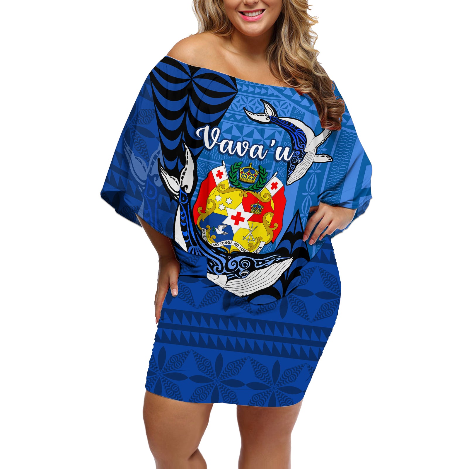 Personalized Tonga Vavau Off Shoulder Short Dress Humpback Whale Coat Of Arms With Ngatu Pattern LT05 Women Blue - Polynesian Pride