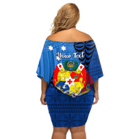 Personalized Tonga Vavau Off Shoulder Short Dress Humpback Whale Coat Of Arms With Ngatu Pattern LT05 - Polynesian Pride