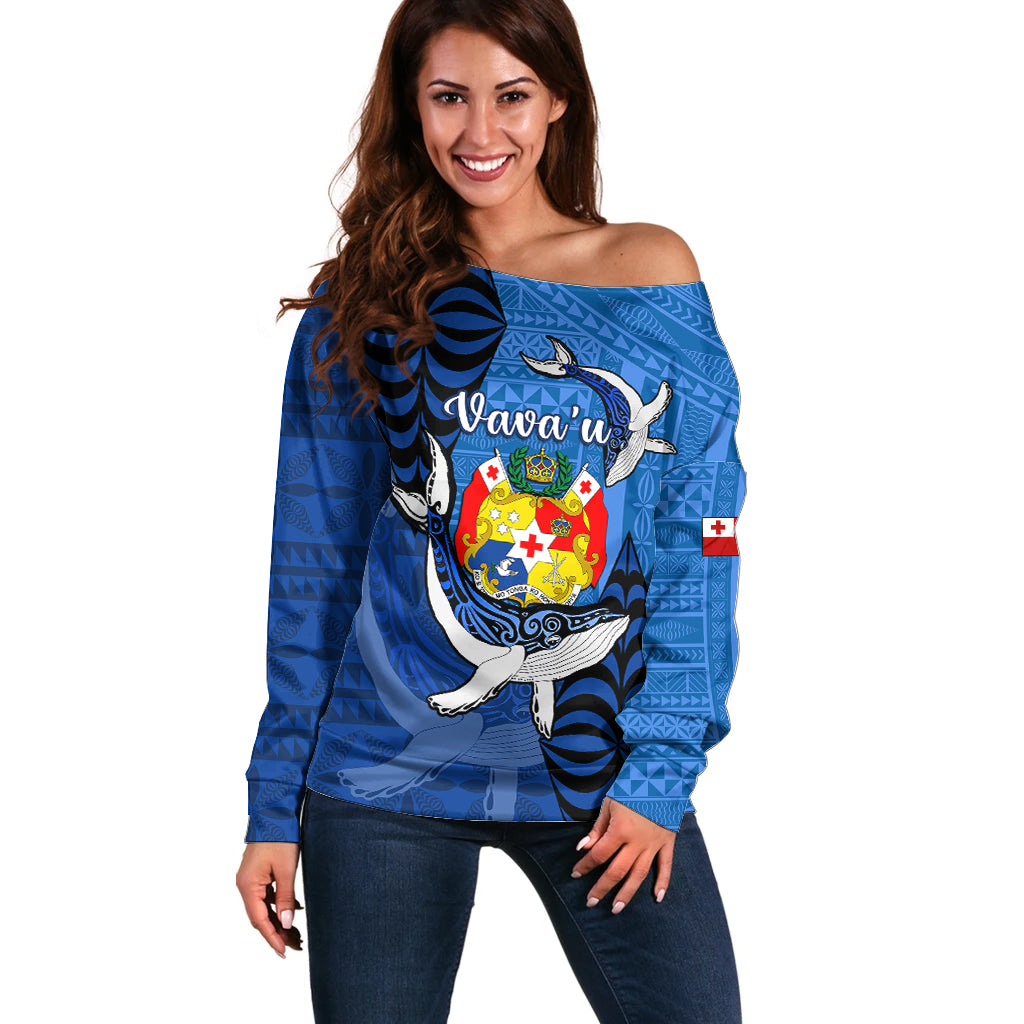 Personalized Tonga Vavau Off Shoulder Sweater Humpback Whale Coat Of Arms With Ngatu Pattern LT05 Women Blue - Polynesian Pride