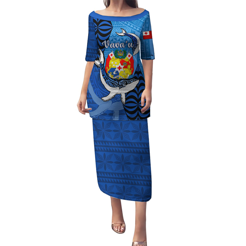 Personalized Tonga Vavau Puletasi Humpback Whale Coat Of Arms With Ngatu Pattern LT05 Long Dress Blue - Polynesian Pride