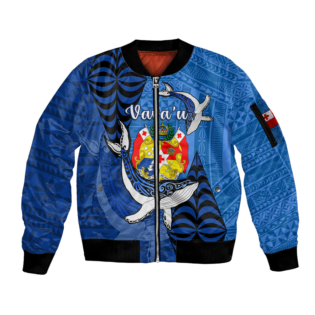 Personalized Tonga Vavau Sleeve Zip Bomber Jacket Humpback Whale Coat Of Arms With Ngatu Pattern LT05 Unisex Blue - Polynesian Pride