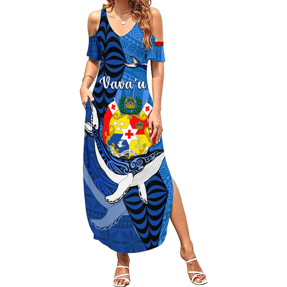 Personalized Tonga Vavau Summer Maxi Dress Humpback Whale Coat Of Arms With Ngatu Pattern LT05 Women Blue - Polynesian Pride