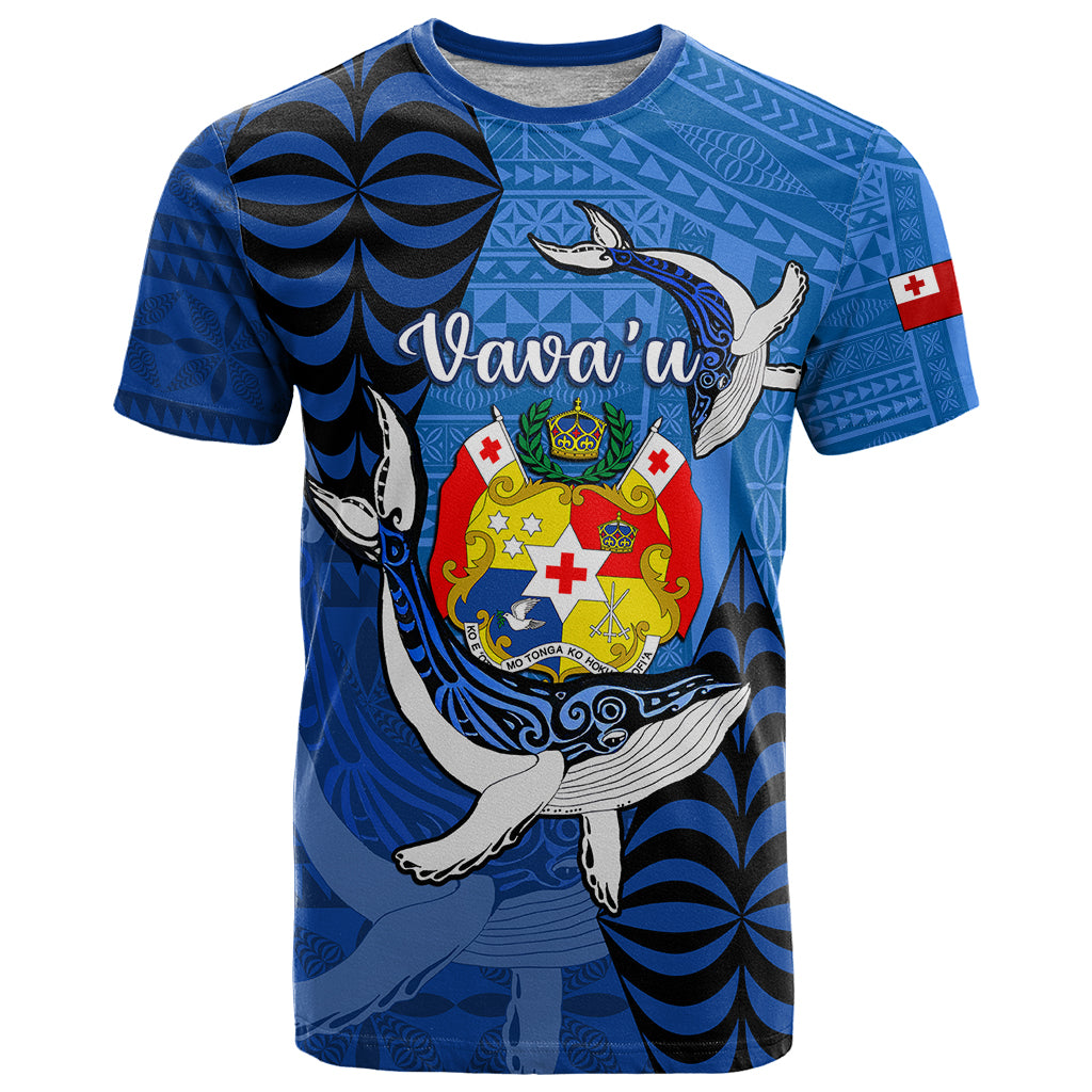 Personalized Tonga Vavau T Shirt Humpback Whale Coat Of Arms With Ngatu Pattern LT05 Blue - Polynesian Pride