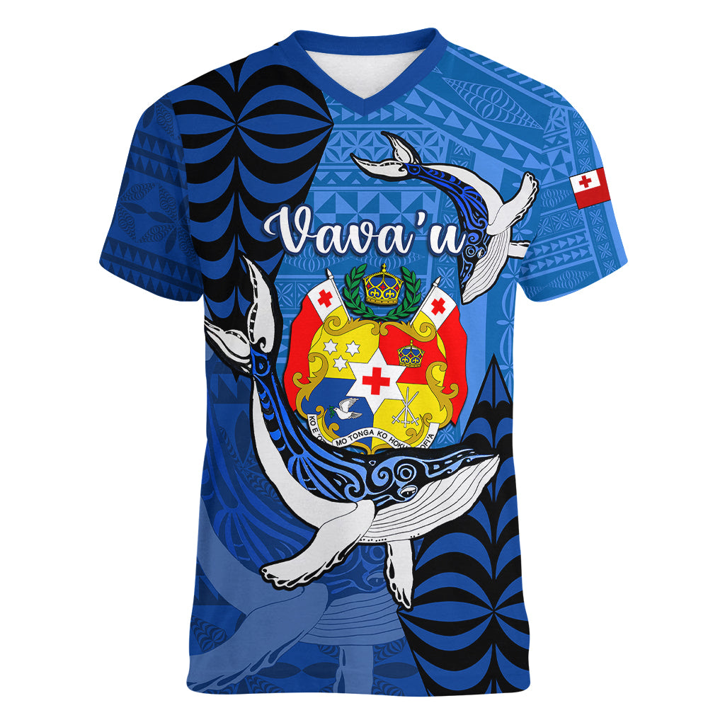 Personalized Tonga Vavau Women V Neck T Shirt Humpback Whale Coat Of Arms With Ngatu Pattern LT05 Female Blue - Polynesian Pride