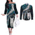 New Zealand Aotearoa Couples Matching Off The Shoulder Long Sleeve Dress and Long Sleeve Button Shirt Maori Hei Rehua Paua Shell Glitter Green