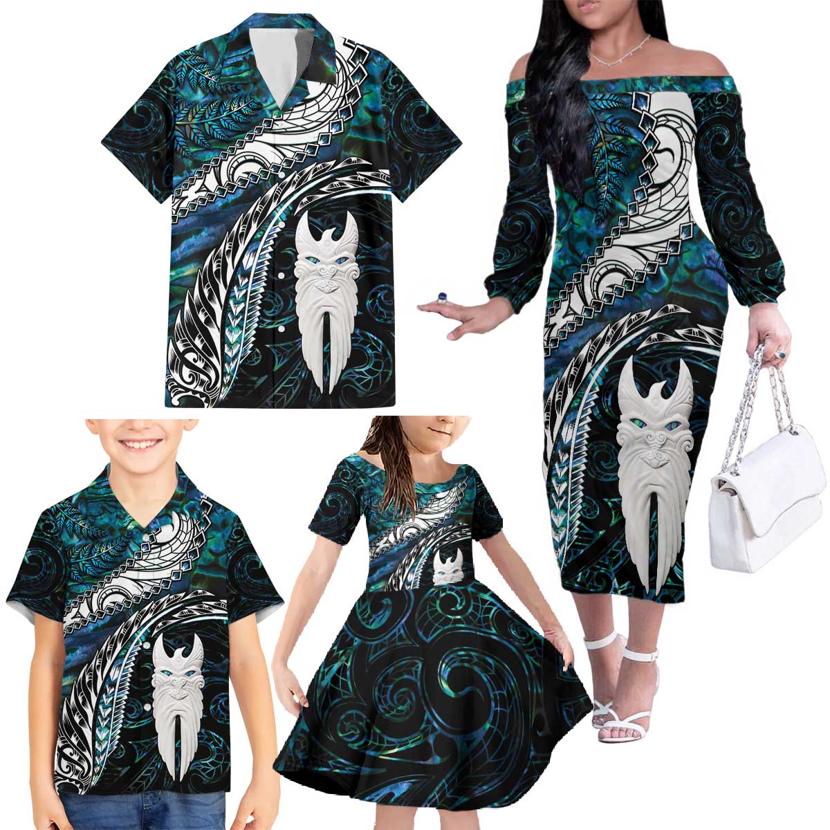 New Zealand Aotearoa Family Matching Off The Shoulder Long Sleeve Dress and Hawaiian Shirt Maori Hei Rehua Paua Shell Glitter Green