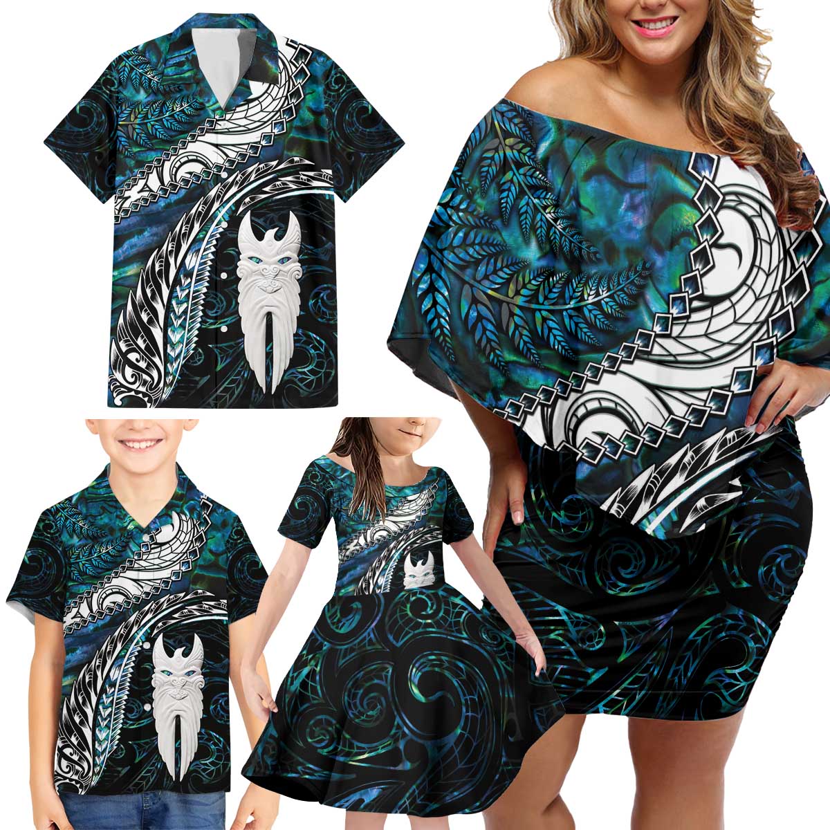 New Zealand Aotearoa Family Matching Off Shoulder Short Dress and Hawaiian Shirt Maori Hei Rehua Paua Shell Glitter Green