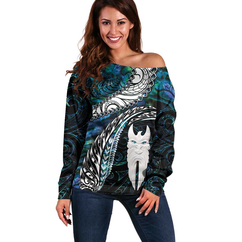 New Zealand Aotearoa Off Shoulder Sweater Maori Hei Rehua Paua Shell Glitter Green LT05 Women Green - Polynesian Pride