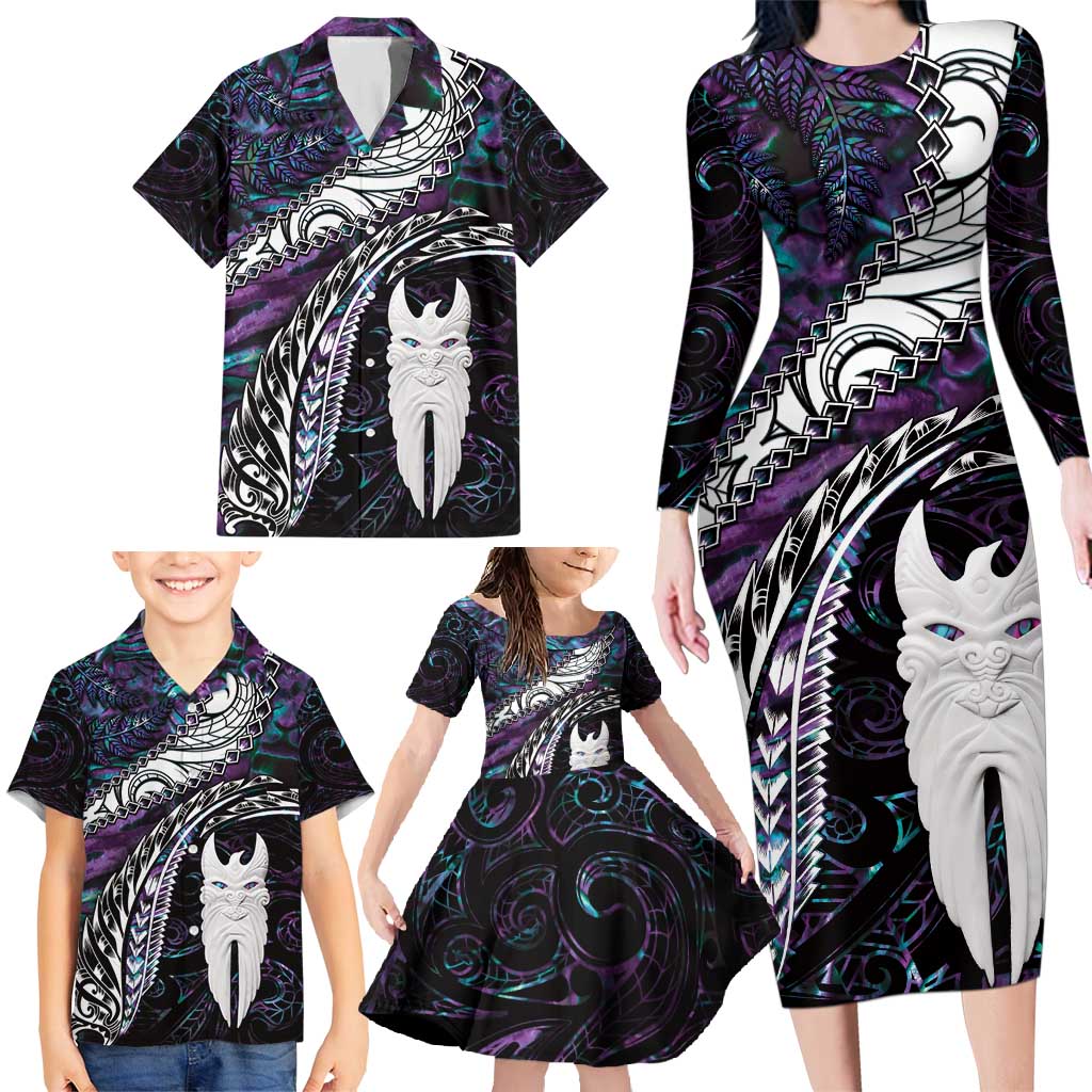 New Zealand Aotearoa Family Matching Long Sleeve Bodycon Dress and Hawaiian Shirt Maori Hei Rehua Paua Shell Glitter Purple