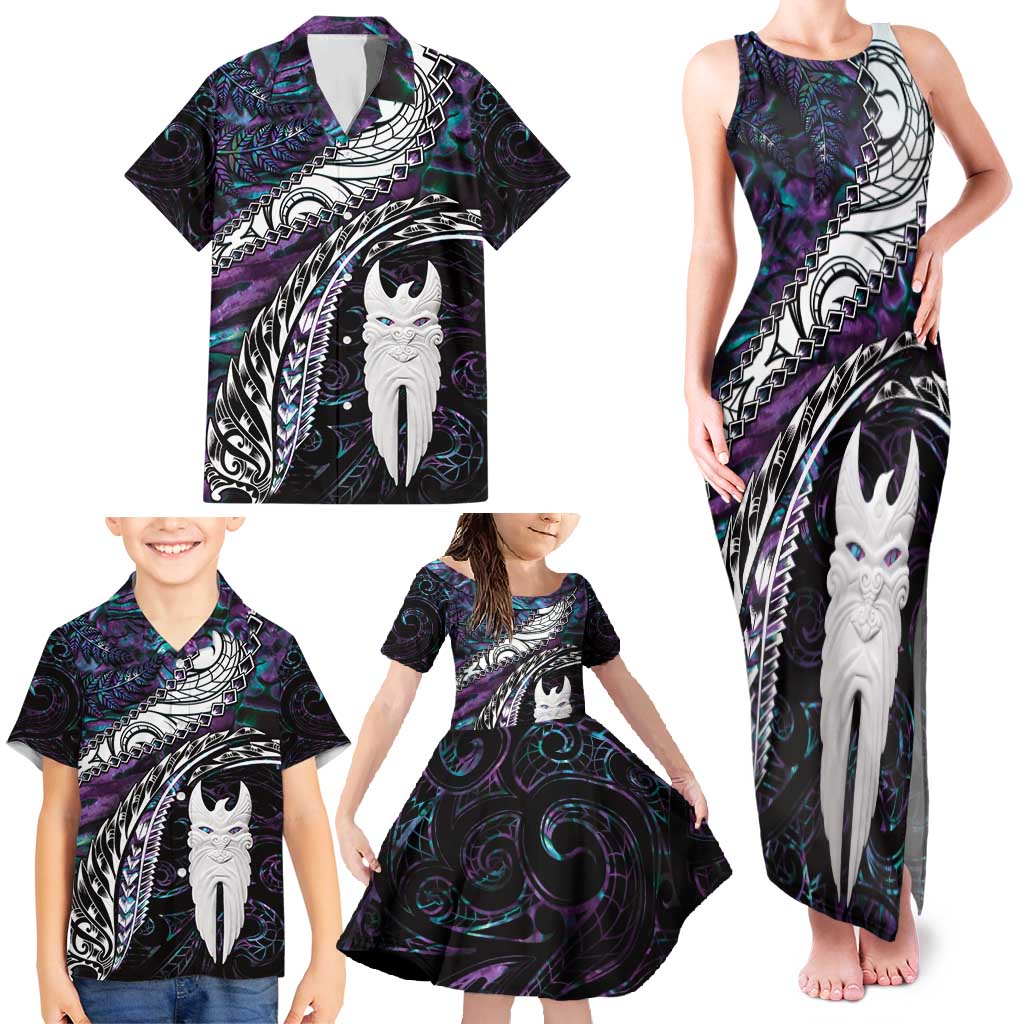 New Zealand Aotearoa Family Matching Tank Maxi Dress and Hawaiian Shirt Maori Hei Rehua Paua Shell Glitter Purple