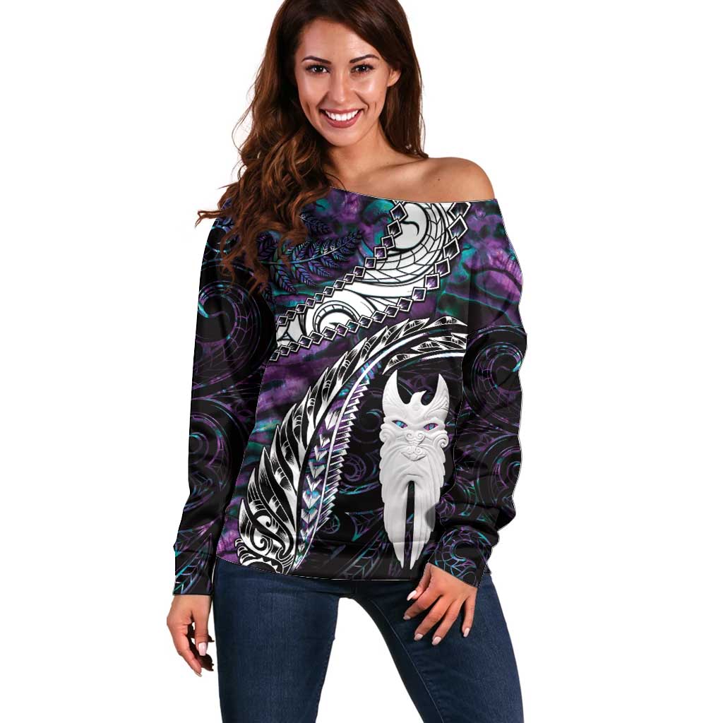 New Zealand Aotearoa Off Shoulder Sweater Maori Hei Rehua Paua Shell Glitter Purple LT05 Women Purple - Polynesian Pride