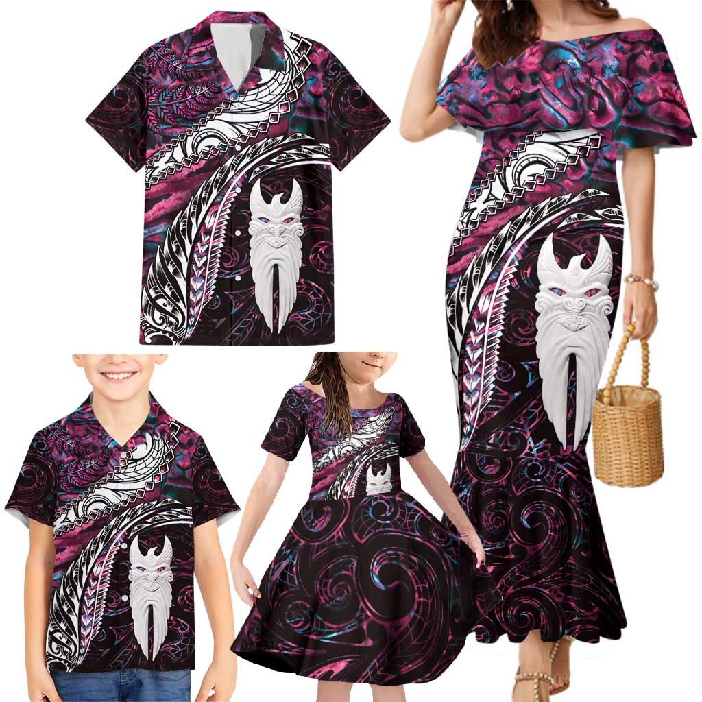 New Zealand Aotearoa Family Matching Mermaid Dress and Hawaiian Shirt Maori Hei Rehua Paua Shell Glitter Pink