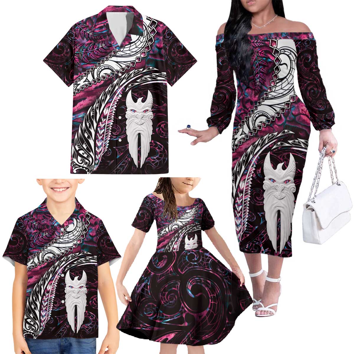 New Zealand Aotearoa Family Matching Off The Shoulder Long Sleeve Dress and Hawaiian Shirt Maori Hei Rehua Paua Shell Glitter Pink