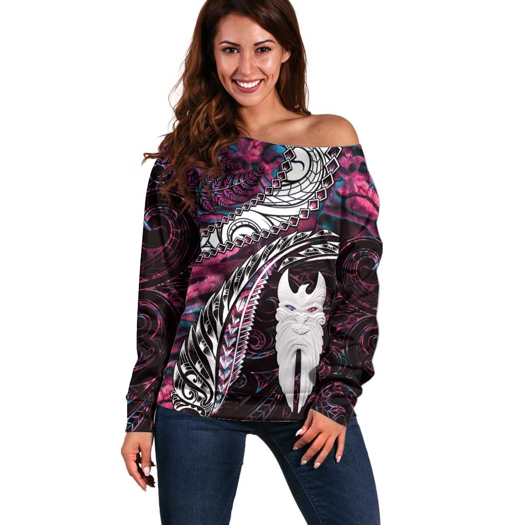 New Zealand Aotearoa Off Shoulder Sweater Maori Hei Rehua Paua Shell Glitter Pink LT05 Women Pink - Polynesian Pride