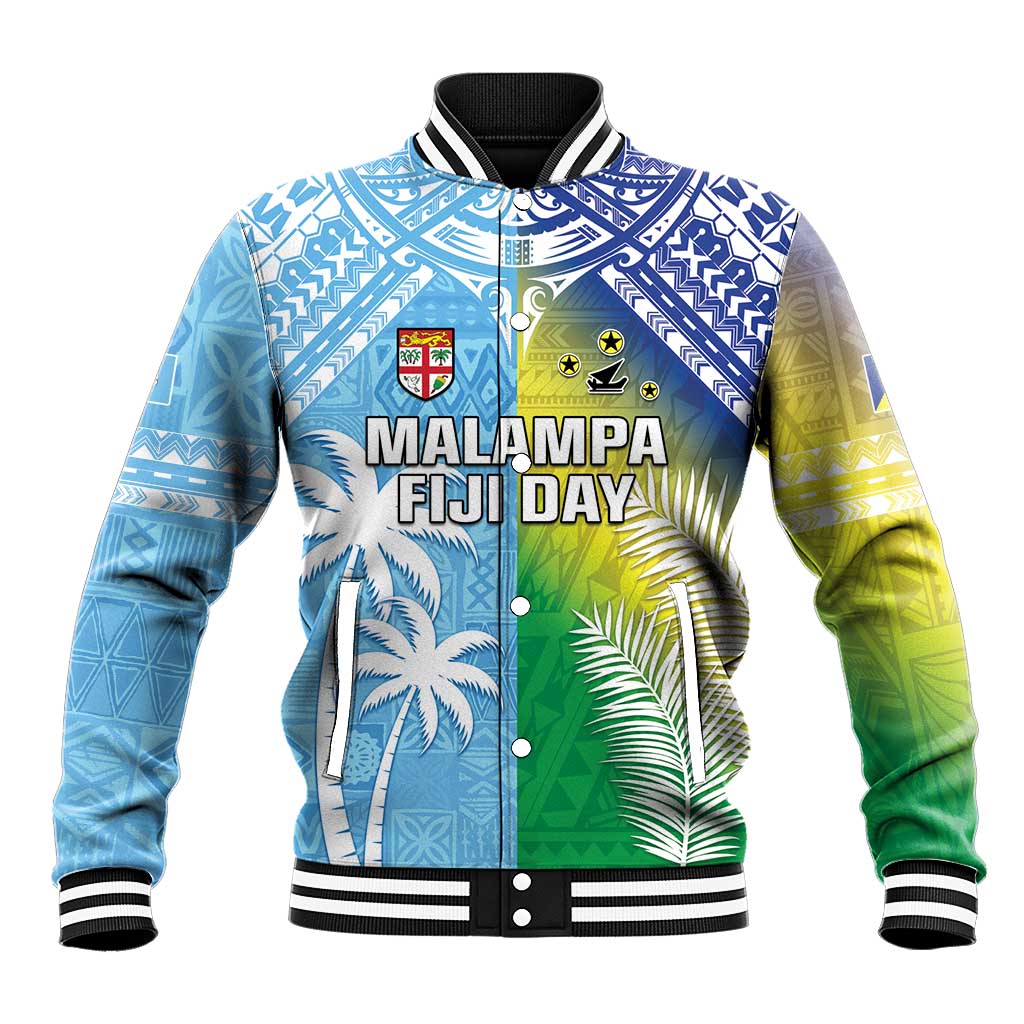 Personalised Happy Malampa Fiji Day Baseball Jacket Half Mix Style LT05 Unisex Blue - Polynesian Pride
