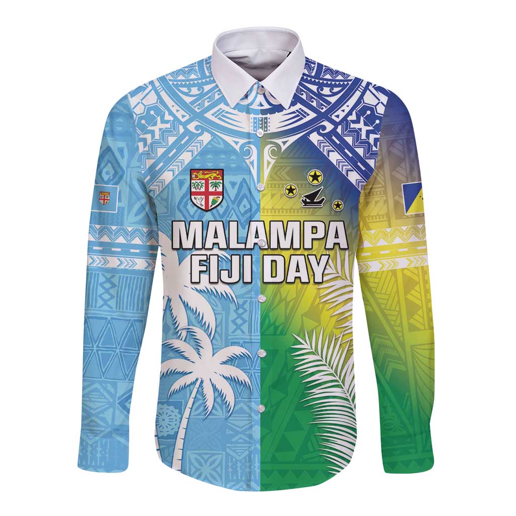 Personalised Happy Malampa Fiji Day Long Sleeve Button Shirt Half Mix Style LT05 Unisex Blue - Polynesian Pride