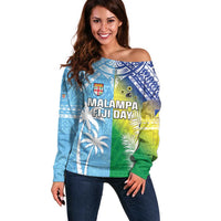 Personalised Happy Malampa Fiji Day Off Shoulder Sweater Half Mix Style LT05 Women Blue - Polynesian Pride