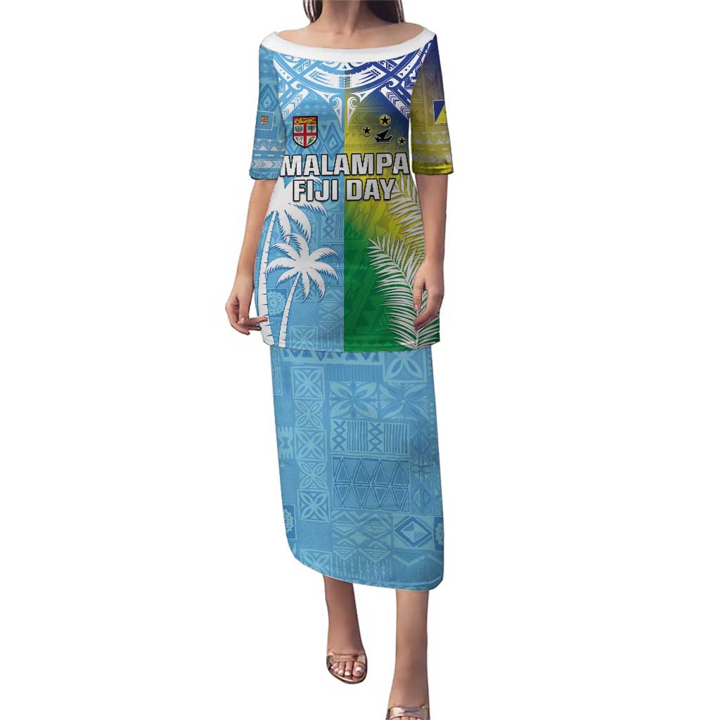 Personalised Happy Malampa Fiji Day Puletasi Half Mix Style LT05 Long Dress Blue - Polynesian Pride