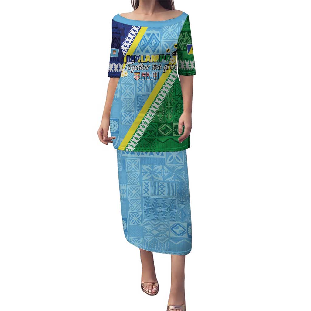 Love Malampa Fiji Day Puletasi Together We Grow LT05 Long Dress Blue - Polynesian Pride