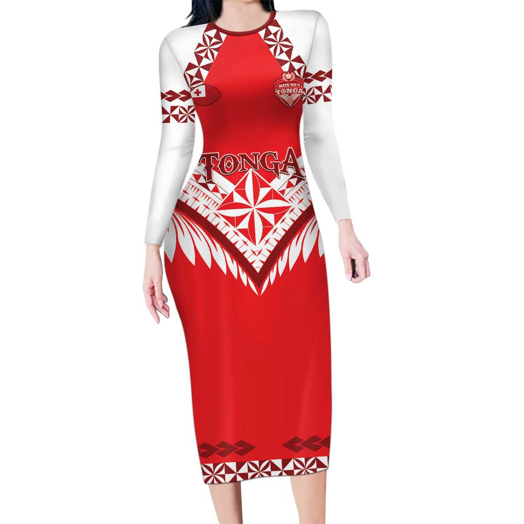 Custom Tonga Mate Maa Rugby Long Sleeve Bodycon Dress Go Champions LT05 Long Dress Red - Polynesian Pride
