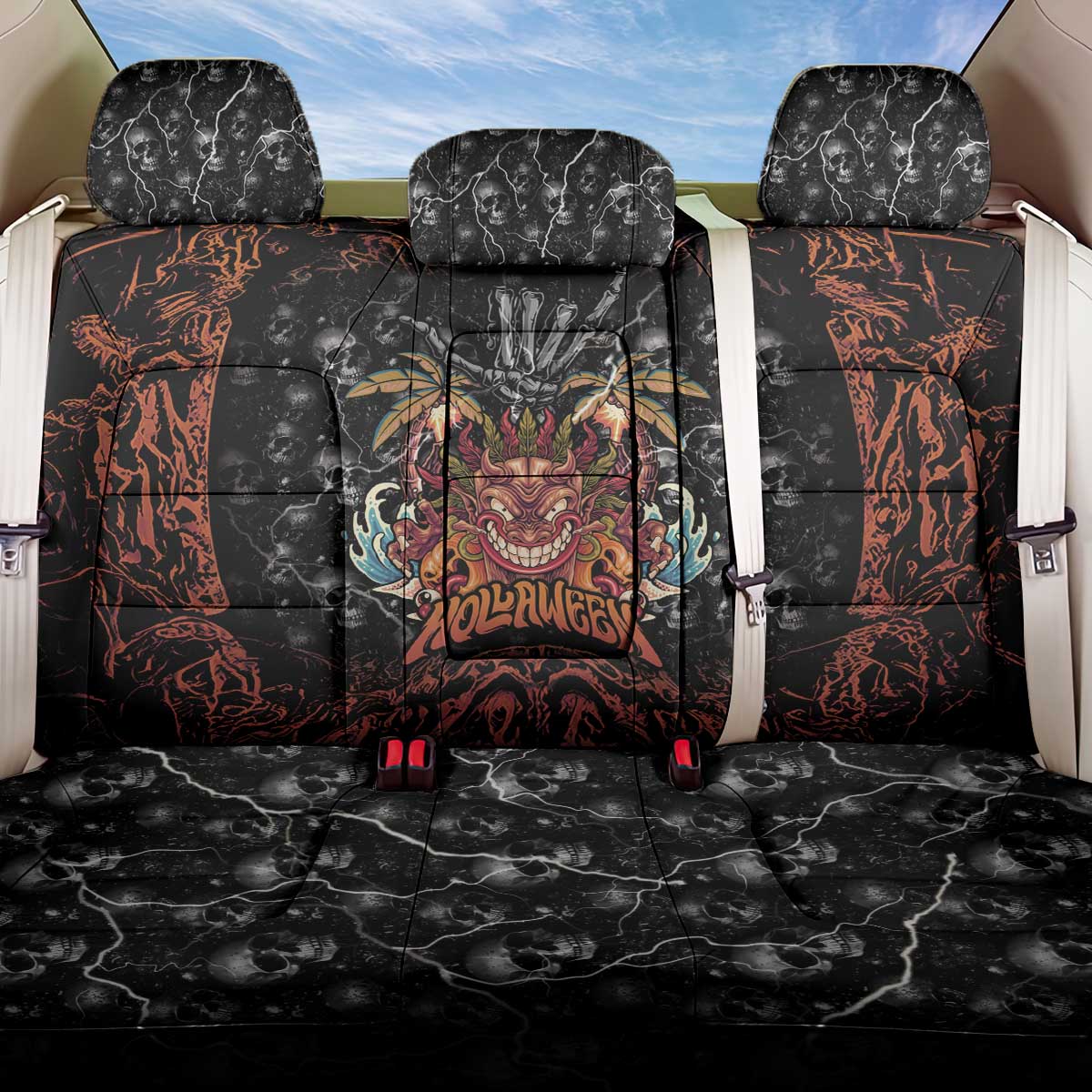 Aloha Halloween Back Car Seat Cover Horror Tiki Heavy Metal Style LT05 One Size Black - Polynesian Pride