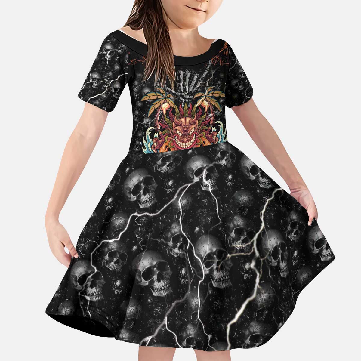 Aloha Halloween Kid Short Sleeve Dress Horror Tiki Heavy Metal Style LT05 KID Black - Polynesian Pride