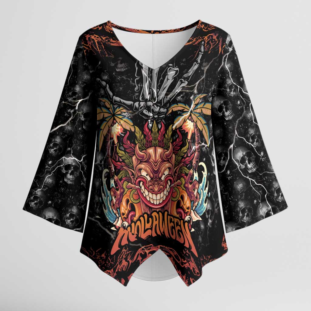 Aloha Halloween Kimono Sleeve Blouse Horror Tiki Heavy Metal Style LT05 Female Black - Polynesian Pride
