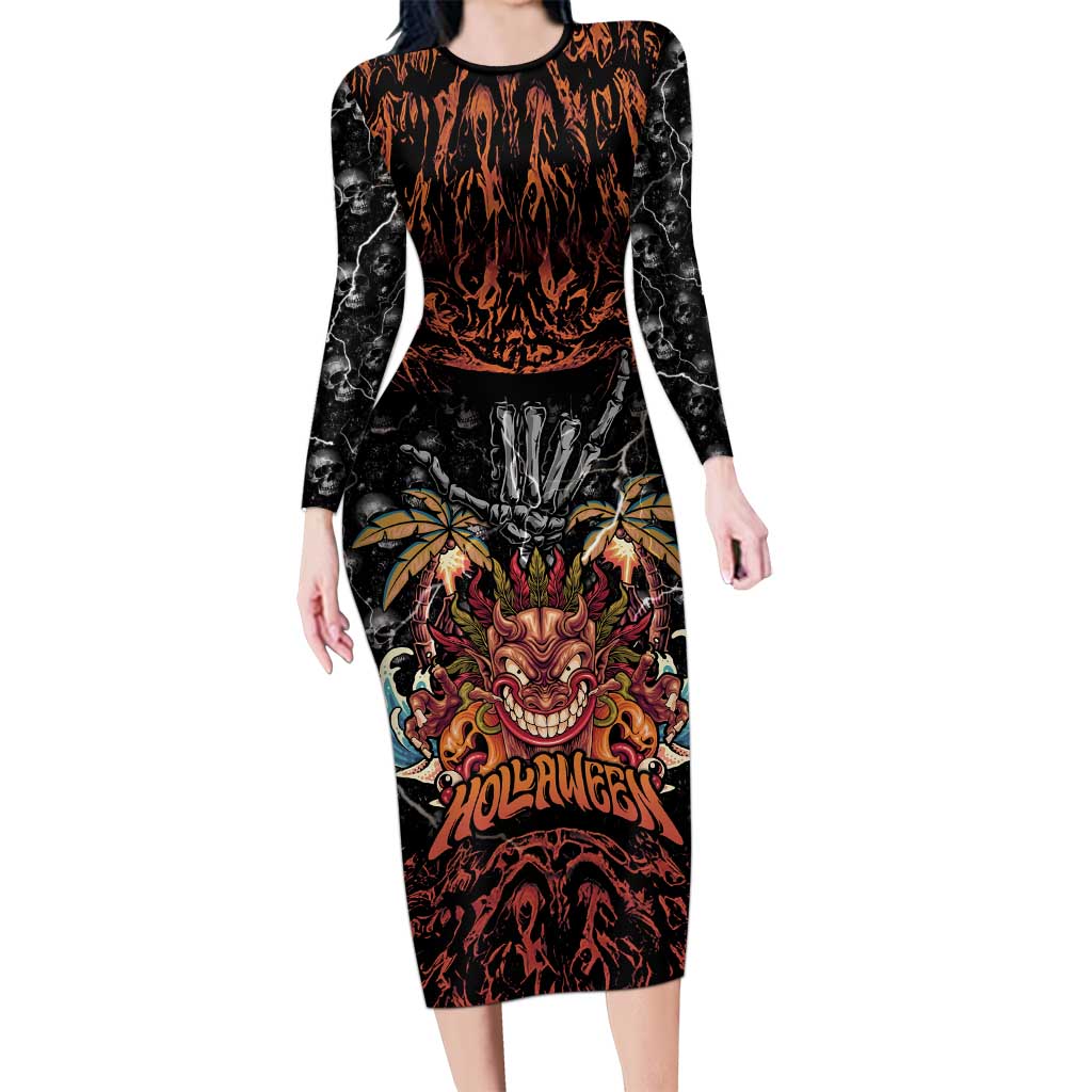 Aloha Halloween Long Sleeve Bodycon Dress Horror Tiki Heavy Metal Style LT05 Long Dress Black - Polynesian Pride