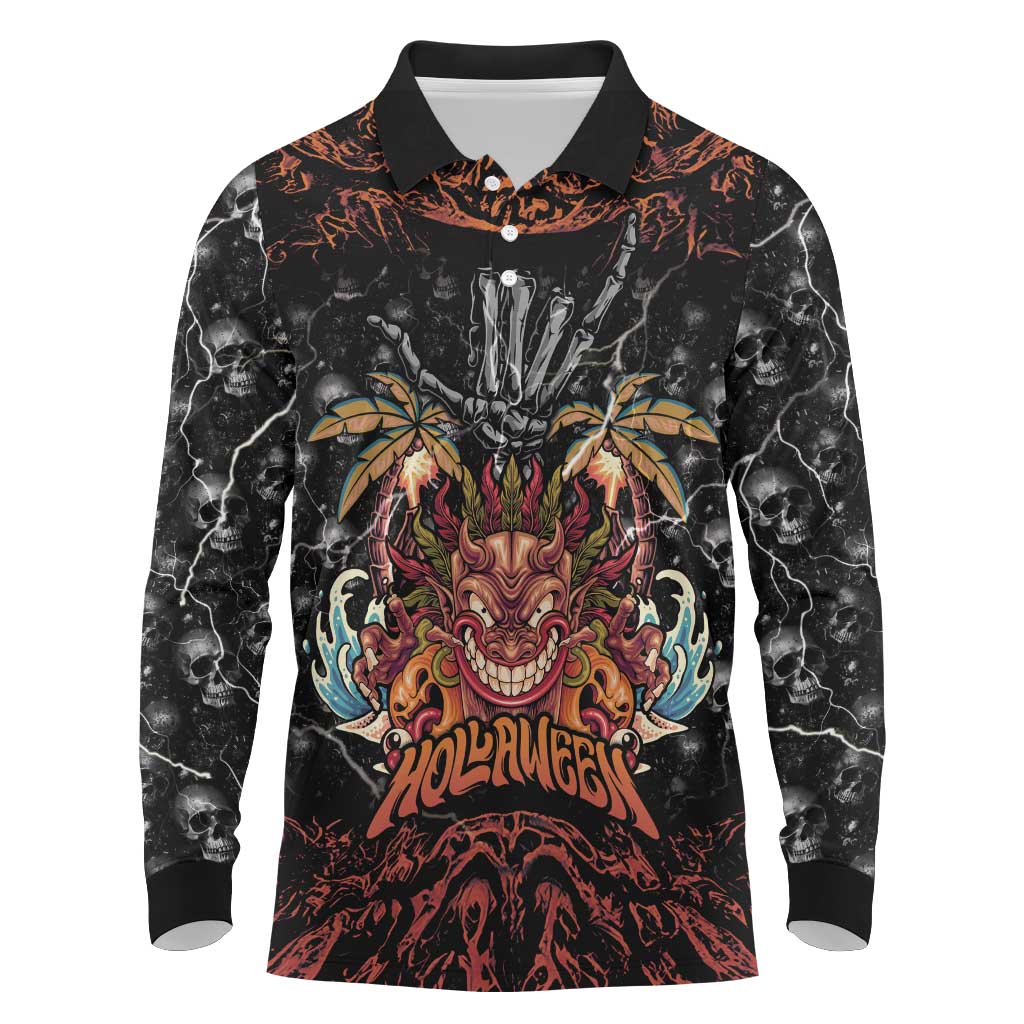 Aloha Halloween Long Sleeve Polo Shirt Horror Tiki Heavy Metal Style LT05 Black - Polynesian Pride