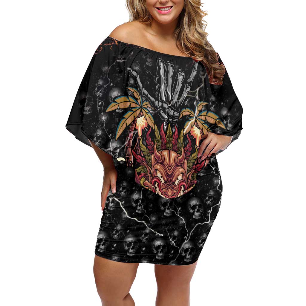 Aloha Halloween Off Shoulder Short Dress Horror Tiki Heavy Metal Style LT05 Women Black - Polynesian Pride