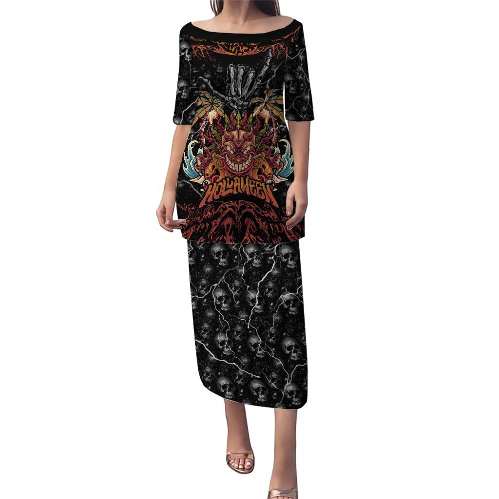 Aloha Halloween Puletasi Horror Tiki Heavy Metal Style LT05 Long Dress Black - Polynesian Pride