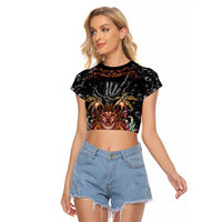 Aloha Halloween Raglan Cropped T Shirt Horror Tiki Heavy Metal Style LT05 Female Black - Polynesian Pride